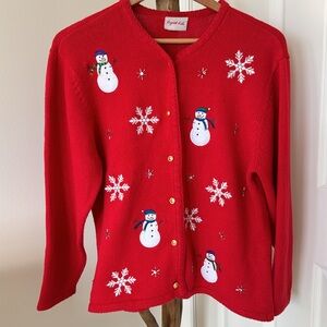Crystal Kobe VTG Holiday Buttondown Red Sweater Snowmen and Snowflakes Sz Med